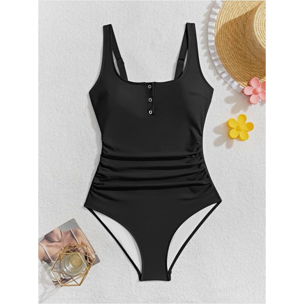 B2PRITY Women's Black One Piece Swimsuit Wide Strap Button Front Ruched, S